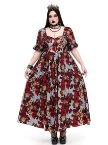 Flirla Plus Size Halloween Floral All-Over Print Splice Short Sleeve Romantic High Slit Holiday Dress