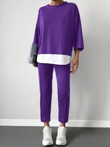 Cottnline 女士休闲两件套：撞色圆领落肩七分袖T恤和裤子 - 紫色 - 查看 5