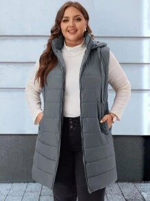 EMERY ROSE 加大码纯色连帽加垫背心夹克，带口袋，适合冬季 - 灰色 - 查看 4