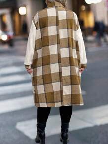 SHEIN CURVE+ Veste longue manches avec poche, simple patchwork avec bouton devant, grande taille, port décontracté de tous les jours