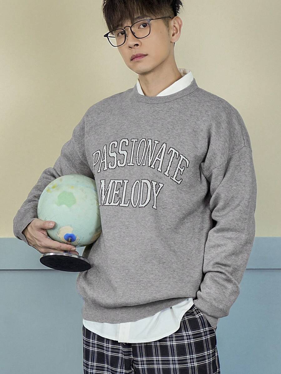 DAZY Men's Casual Letter Print Round Neck Drop Shoulder Long Sleeve Sweater, Autumn - Grey - View 1