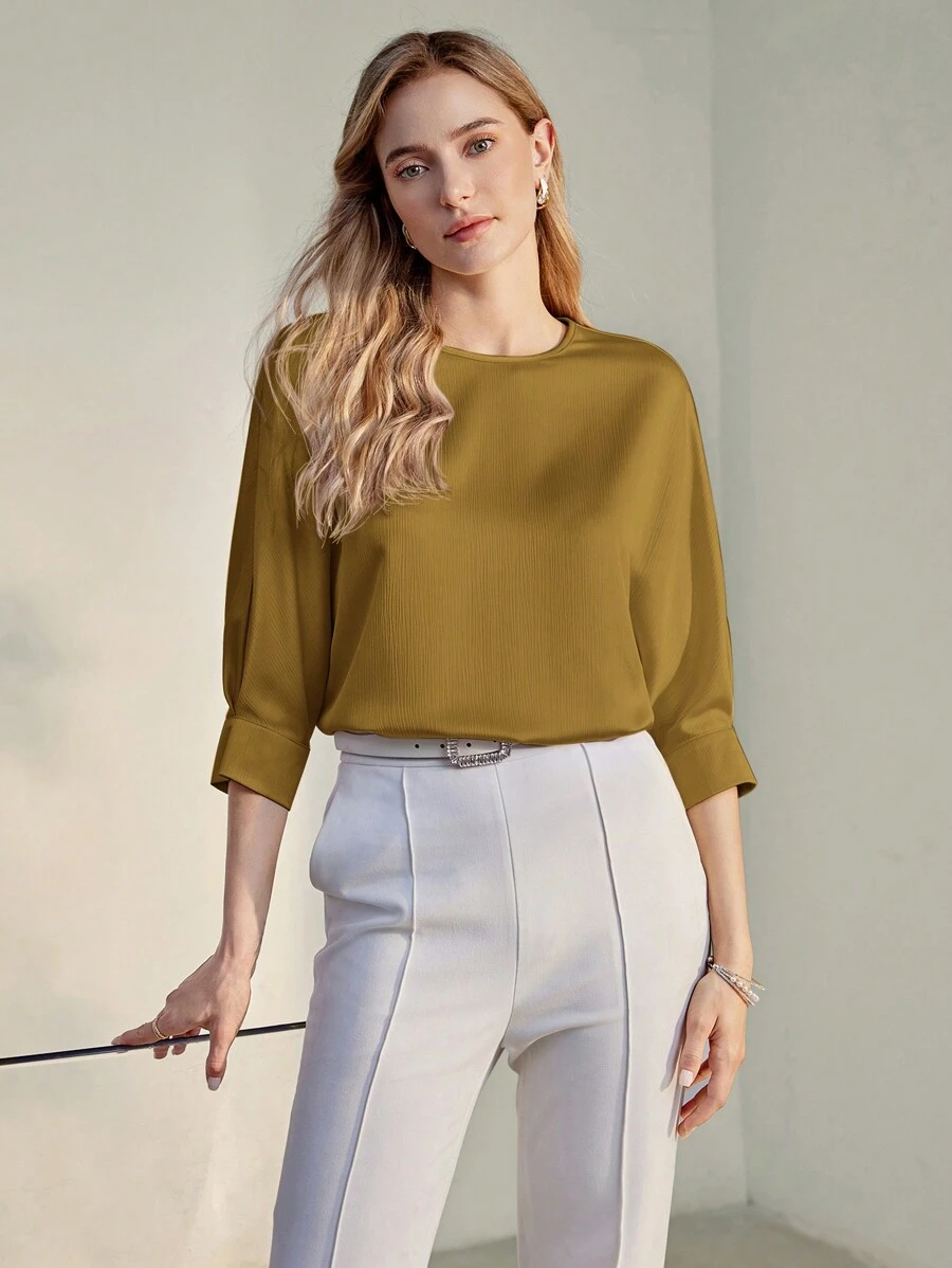 MOTF PREMIUM 纯色锁眼后背蝙蝠袖衬衫 - 黃色 - 查看 1