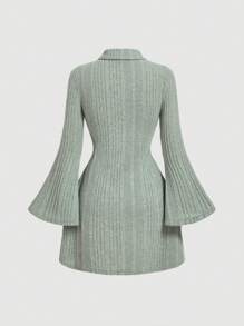 SHEIN MOD 白色针织罗纹休闲百搭喇叭袖女装，适合秋冬季 - 綠色 - 查看 2