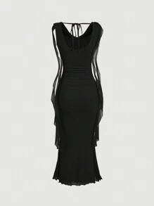 SHEIN MOD Black Plunging Neck Flowy Tie Waist Cut Out Mid-Length Dress For Women - Black - View 2