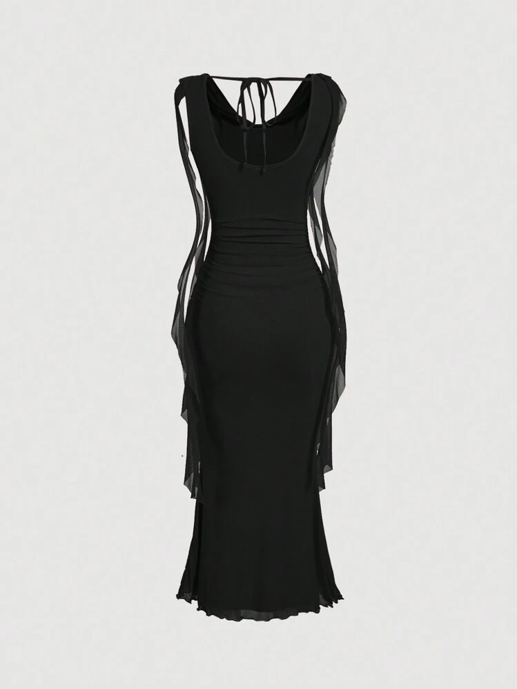 SHEIN MOD Vestido de largo medio negro con escote pronunciado, cintura con lazo y recortes para mujer - Negro - Añade 2