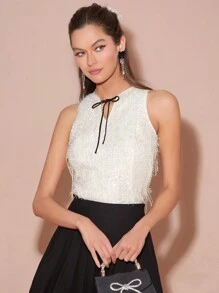 Enchnt 女士优雅纯色流苏系带领吊带背心 - 杏色 - 查看 7