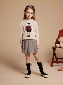 PrepCrw 年轻女孩经典格子复古裙，秋冬季休闲日常穿着 - 棕色 - 查看 1