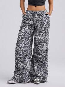 SHEIN EZwear Quần ống đứng cạp thấp họa tiết da báo cho nữ - Xám - Xem 7