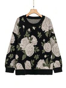 SHEIN LUNE Plus Size Floral Print Crew Neck Casual Relaxed Comfortable Pullover Sweater Knit Pullover Fall Winter Outfit
