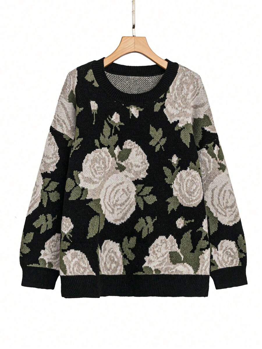 SHEIN LUNE Plus Size Floral Print Crew Neck Casual Relaxed Comfortable Pullover Sweater Knit Pullover Fall Winter Outfit
