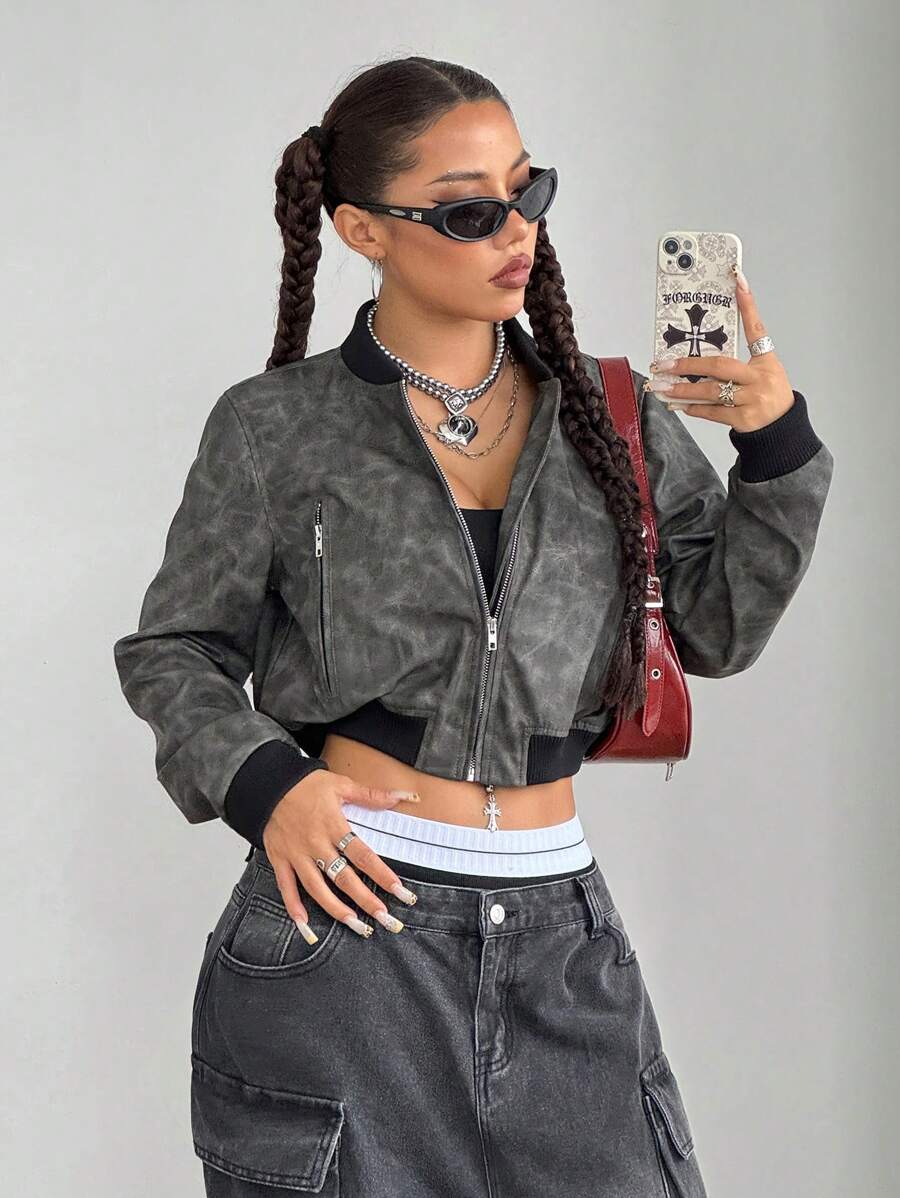 StreetHx 女士时尚扎染长袖飞行夹克，秋季 - 灰色 - 查看 1