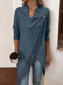 SHEIN LUNE Cárdigan asimétrico de manga larga con cuello caído, cruce, envoltorio y decoración con flecos, unicolor