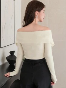DAZY Women Solid Color Fitted Off Shoulder Long Sleeve Sweater For Autumn,Fall Women Clothes - Khaki - View 2