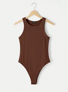 SHEIN BASICS Bộ 3 món/Bộ đồ liền thân dệt kim cổ tròn không tay bó sát màu trơn cho nữ, đồ liền thân ấm cúng sang trọng cho thanh thiếu niên - màu nâu - Xem 4