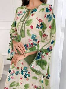 Al Najma Women's Drawstring Long Sleeve Allover Print Elegant Arabian Modest Dress Fall Cloth For Women - Green - View 9