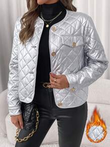 SHEIN Clasi Áo khoác chần bông tay dài thanh lịch mùa đông cho nữ ấm áp và thoải mái với chi tiết vạt lấp lánh màu bạc - Bạc - Xem 4