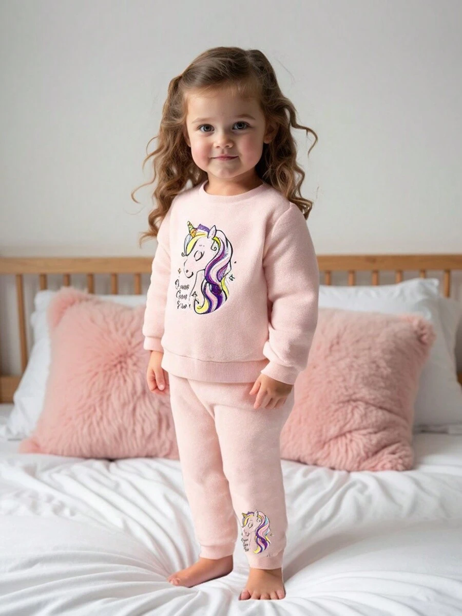 2pcs Young Girl Cute Pink Unicorn Embroidered Comfortable Warm Long Sleeve Top And Pants Pajama Set