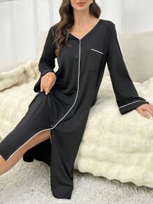 Color Block Trim Minimalist Single Pocket Open Front Long Sleeve Sleepwear Dress, Moo Moo Lounge Dress, Cozy And Elegant Details Outfit, Fall & Winter - Black - View 5