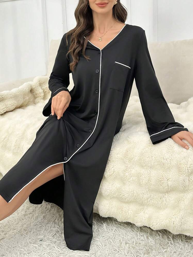 SHEIN Color Block Trim Minimalist Single Pocket Open Front Long Sleeve Sleepwear Dress, Moo Moo Lounge Dress, Cozy And Elegant Details Outfit, Fall & Winter - Black - View 5