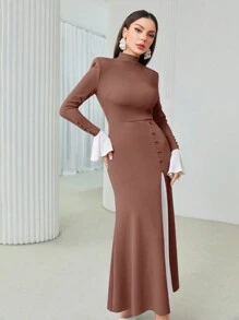 Modelyn 女士休闲优雅拼色高领收腰鱼尾下摆朴素长袖连衣裙，秋季长款晚礼服 - 藕粉色 - 查看 3