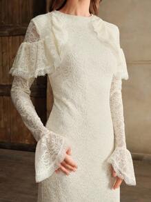 Anewsta Elegantes Damen Kleid mit Rüschen-Organza-Spitze, Flatterärmeln und Meerjungfrau-Stil, geeignet für Silvester, Weihnachten