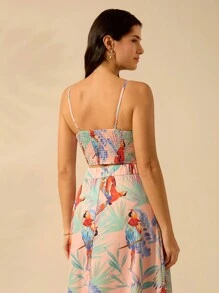 CAJUNI Imprimeu cu papagal colorat în stil boho de damă, maieu cu scoici pe spate, maieu casual pentru vacanță de vară - Multicolor - Vizualizare 2