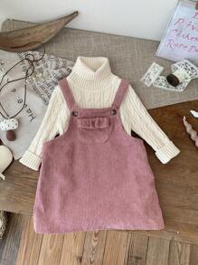 SHEIN LMoss Kids LMoss 女婴可爱粉色灯芯绒连身裙，适合秋冬季 - 粉色 - 查看 9