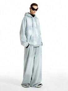 NEON BLANC 2pcs Men's Embroidered Distressed Hoodie And Drawstring Waist Pants Set, For Fall Winter - Grey - View 7