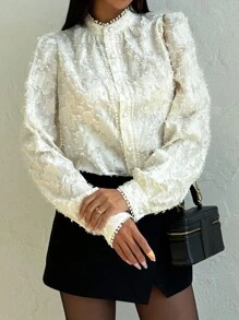 SHEIN Privé Áo cánh ren tinh tế thanh lịch dành cho nữ, thích hợp mặc đi làm, đi làm và mặc thường ngày, mùa thu - Màu be - Xem 5