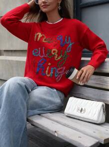 Femmeiva 1pc Letter Sequin 3D Embroidered Crew Neck Long Sleeve Knitted Sweater, Random Color Fall Winter - Red - View 6
