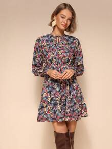Calvaya Women Floral Print Tie Neck Casual Long Sleeve Dress