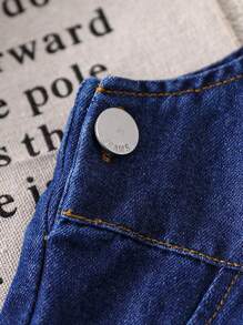 SHEIN Bộ 2 quần yếm denim và áo sơ mi kẻ caro màu sắc thường ngày cho bé trai mùa thu/đông, mặc trong nhà và ngoài trời - Rửa trung bình - Xem 6