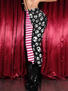 EgrlEra Leggings de mujer con estampado de calavera y rayas para Halloween (cortados al azar) Conjunto de estilo Y2K