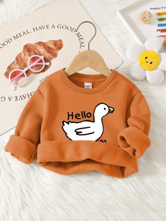 SHEIN Fall Vibes, Cute Duck "Hello" Baby Girl Knit Soft Round Neck Pullover Loose Thick Sweatshirt, Suitable For Autumn & Winter