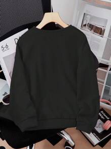 Sparklyn Tween Girl Minimalist Letter Print Crew Neck Pullover Sweatshirt For Outdoor Wear In Autumn - Black - View 2