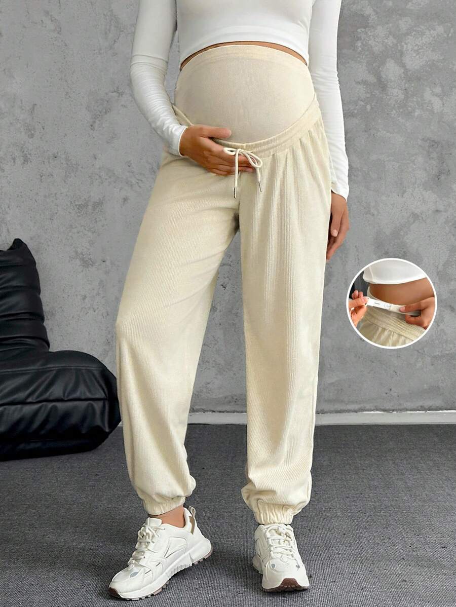 SHEIN 孕妇休闲纯色可调节腰部卷边裤，秋季 - 杏色 - 查看 1