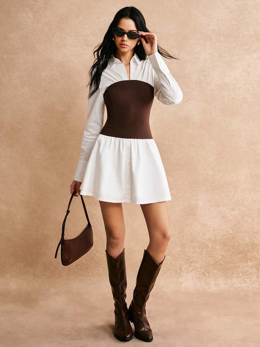 Poéselle French Elegant White Clashing Brown Long Sleeve Waisted A-Line Short Dress, White Long Sleeve Dress, Fall Dress, Brown Dress, Elegant Women's Clothing, Fairy Dress, Shirt Dress, Business Women's Clothing, Winter Women's Clothing, Fall Women's Clothing, FW24 - Multicolor - View 1