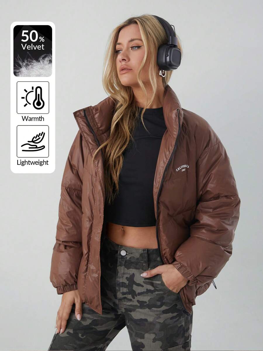 SHEIN EZwear 1pc Women's Brown Woven Letter Print Casual Down& Feathers Jacket, Winter - Coffee Brown - View 1