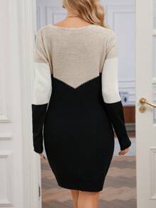 SHEIN 孕妇休闲日常撞色圆领修身长袖超长毛衣，秋冬季，适合孕妇 - 彩色 - 查看 2