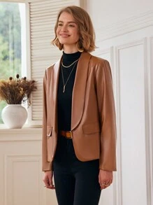 Chiquease Women Solid Color Shawl Neck Long Sleeve Faux Pockets Casual PU Leather Regular Jacket Fall Cloth For Women