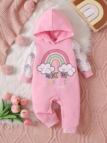 女婴彩虹印花长袖连帽连体衣，春秋新款 - 粉色 - 查看 1