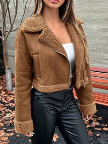 SHEIN EZwear Spring Teddy Lined Zip Up Moto Jacket In Fall/Winter - Mocha Brown - View 5
