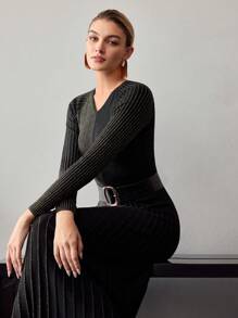 Women's Autumn Color Block V-Neck Long Sleeve Fitted Elegant Sweater Dress