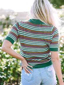 Tricou tricotat cu mânecă scurtă, la modă, casual, cu dungi, blocuri de culori, cu goluri, cu dungi - Verde - Vizualizare 2