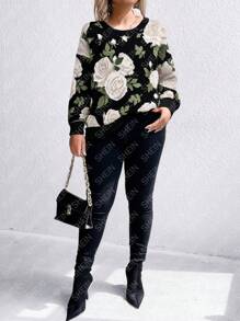 SHEIN LUNE Plus Size Floral Print Crew Neck Casual Relaxed Comfortable Pullover Sweater Knit Pullover Fall Winter Outfit