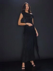 MUSERA 不对称肩部荷叶边长款连衣裙，性感派对优雅冬季款 - 黑色 - 查看 1