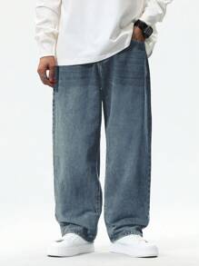 Manfinity EZcore 大码男士直筒口袋简约休闲牛仔裤，纯色长款破洞宽松浅蓝色工装牛仔裤，适合送给老公、男朋友的礼物