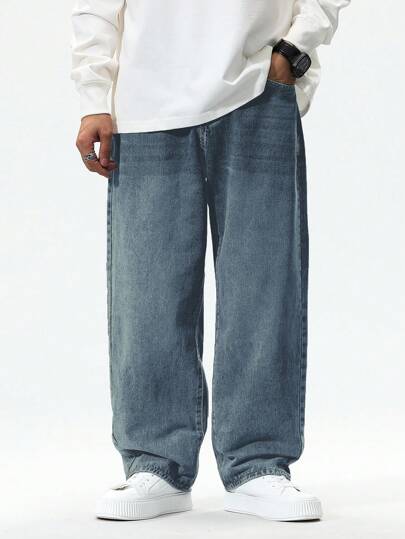 Manfinity EZcore بنطلون جينز رجالي واسع الساق ذو جيوب تصميم بسيط كاجوال، بنطلون جينز كارغو طويل ممزق بلون أزرق فاتح للرجال، هدية للزوج أو الصديق