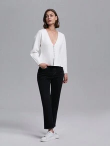 Women's Solid V-Neck Loose Batwing Cardigan - White - View 5