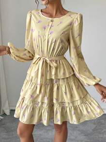 Chiquease Vestido elegante de mujer con cuello redondo, mangas farol, volantes en el bajo y estampado floral - Amarillo - Ver 6